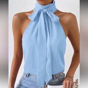 Light Blue Halter Tie-Neck Blouse
